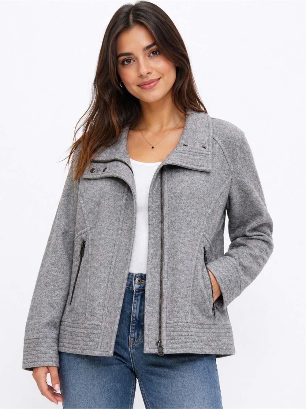 Banana Republic Gray Wool Blend Moto Jacket Women XL Cropped Zip Up Like New